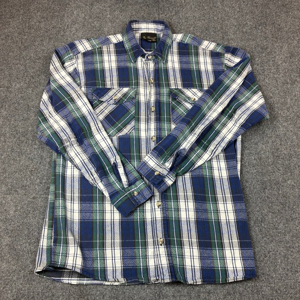 The Vermont Flannel Co Mens Large Blue Green Plaid Distressed Flannel Shirt